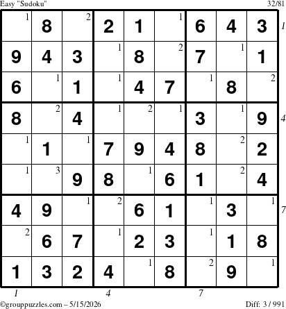 The grouppuzzles.com Easy Sudoku puzzle for Friday May 15, 2026, suitable for printing, with all 3 steps marked
