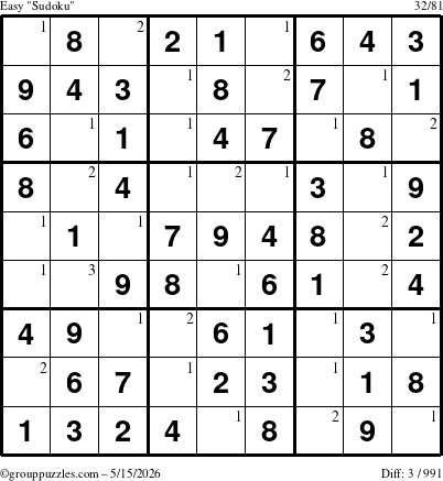 The grouppuzzles.com Easy Sudoku puzzle for Friday May 15, 2026 with the first 3 steps marked