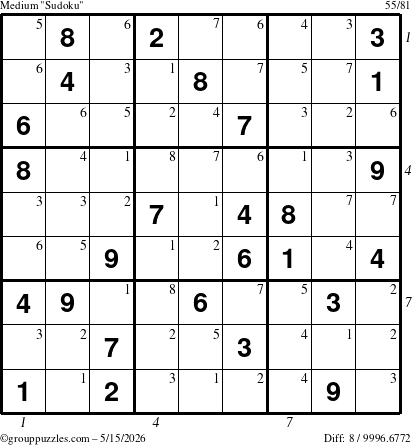 The grouppuzzles.com Medium Sudoku puzzle for Friday May 15, 2026 with all 8 steps marked