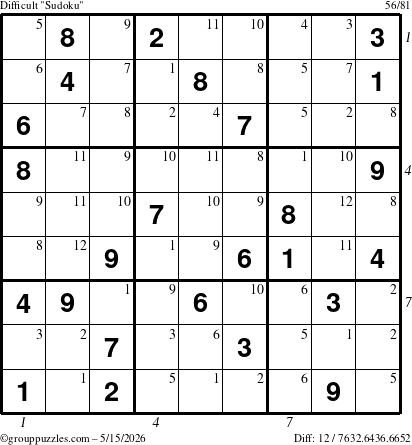 The grouppuzzles.com Difficult Sudoku puzzle for Friday May 15, 2026 with all 12 steps marked