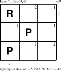 The grouppuzzles.com Easy TicTac-PQR puzzle for Friday May 15, 2026 with all 2 steps marked