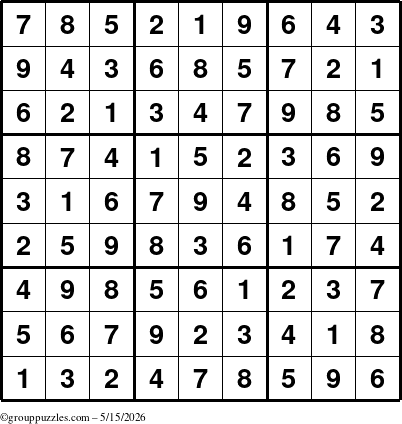 The grouppuzzles.com Answer grid for the Sudoku puzzle for Friday May 15, 2026