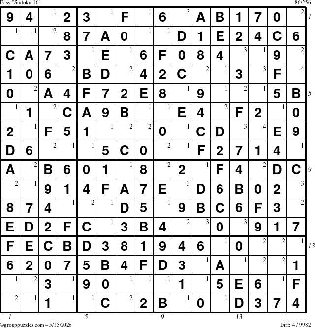 The grouppuzzles.com Easy Sudoku-16 puzzle for Friday May 15, 2026 with all 4 steps marked