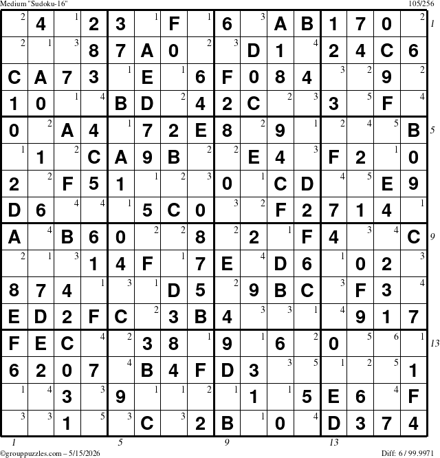The grouppuzzles.com Medium Sudoku-16 puzzle for Friday May 15, 2026, suitable for printing, with all 6 steps marked
