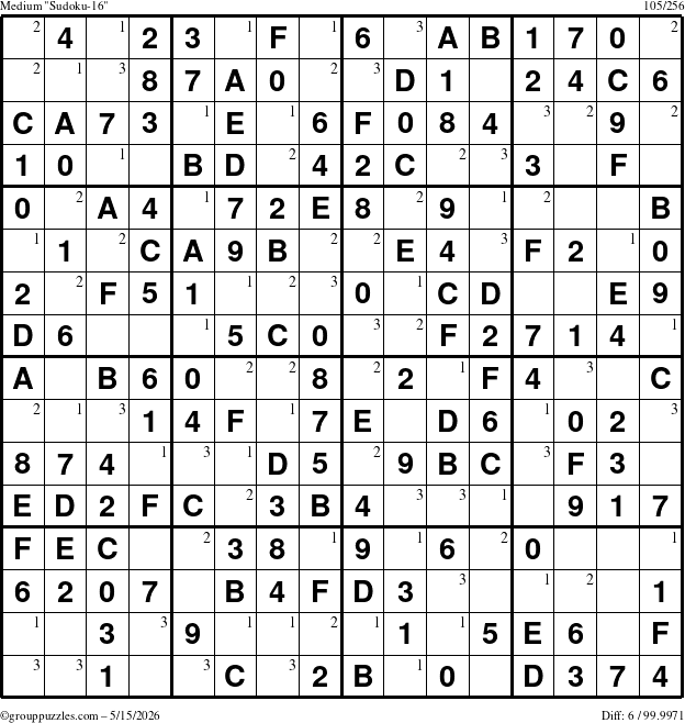 The grouppuzzles.com Medium Sudoku-16 puzzle for Friday May 15, 2026 with the first 3 steps marked