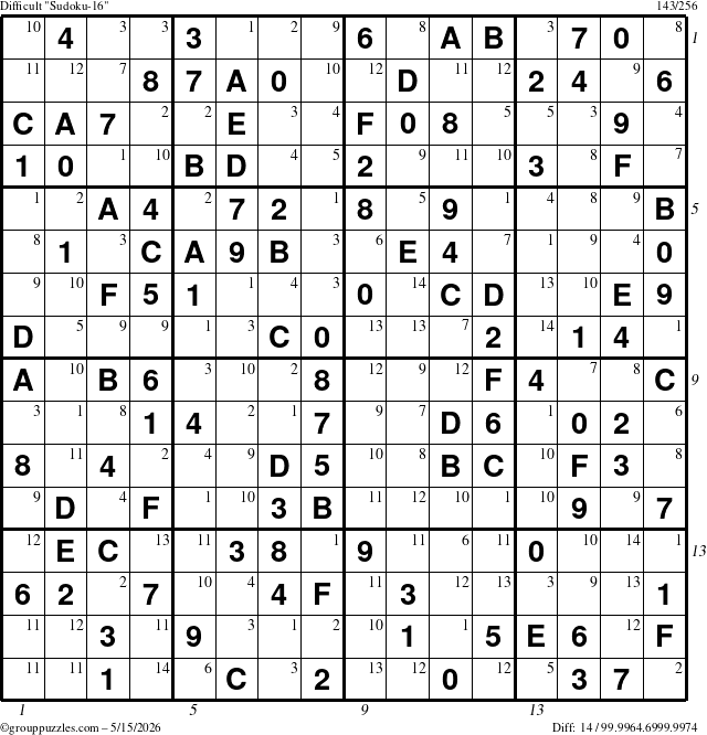 The grouppuzzles.com Difficult Sudoku-16 puzzle for Friday May 15, 2026, suitable for printing, with all 14 steps marked