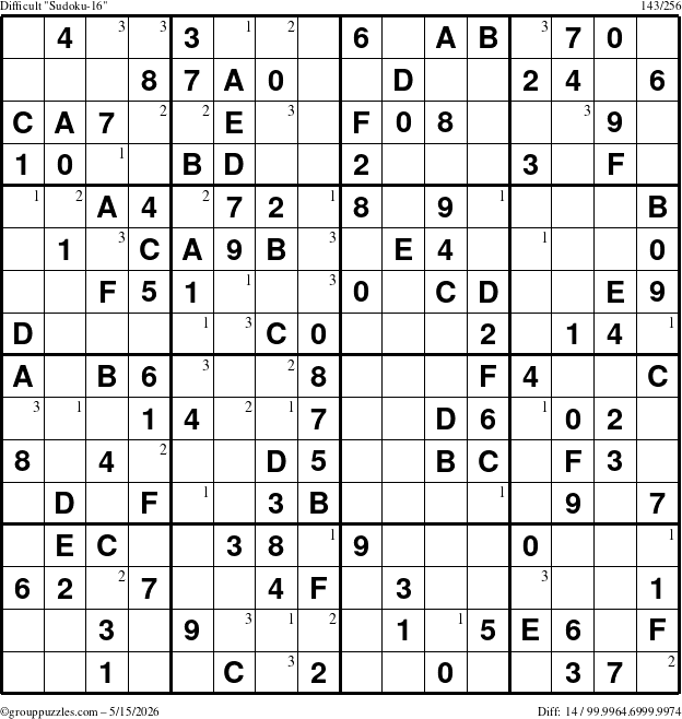The grouppuzzles.com Difficult Sudoku-16 puzzle for Friday May 15, 2026 with the first 3 steps marked