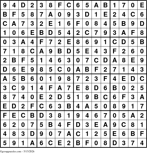 The grouppuzzles.com Answer grid for the Sudoku-16 puzzle for Friday May 15, 2026