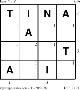 The grouppuzzles.com Easy Tina puzzle for Tuesday October 20, 2026 with all 2 steps marked