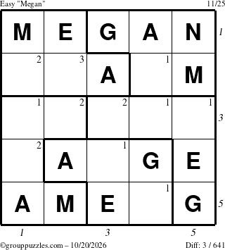 The grouppuzzles.com Easy Megan puzzle for Tuesday October 20, 2026, suitable for printing, with all 3 steps marked