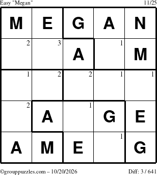 The grouppuzzles.com Easy Megan puzzle for Tuesday October 20, 2026 with the first 3 steps marked