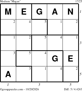 The grouppuzzles.com Medium Megan puzzle for Tuesday October 20, 2026 with all 5 steps marked