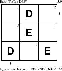 The grouppuzzles.com Easy TicTac-DEF puzzle for Tuesday October 20, 2026, suitable for printing, with all 2 steps marked