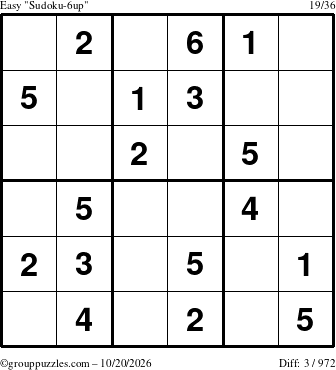 The grouppuzzles.com Easy Sudoku-6up puzzle for Tuesday October 20, 2026