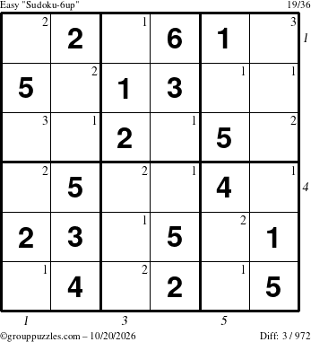 The grouppuzzles.com Easy Sudoku-6up puzzle for Tuesday October 20, 2026, suitable for printing, with all 3 steps marked