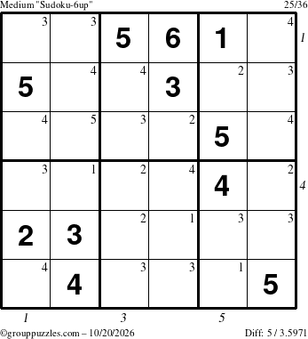 The grouppuzzles.com Medium Sudoku-6up puzzle for Tuesday October 20, 2026 with all 5 steps marked