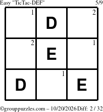 The grouppuzzles.com Easy TicTac-DEF puzzle for Tuesday October 20, 2026 with the first 2 steps marked