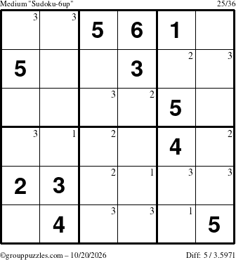 The grouppuzzles.com Medium Sudoku-6up puzzle for Tuesday October 20, 2026 with the first 3 steps marked