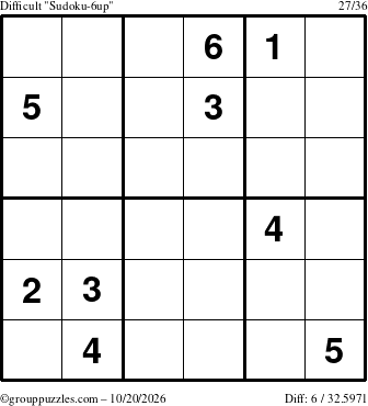 The grouppuzzles.com Difficult Sudoku-6up puzzle for Tuesday October 20, 2026