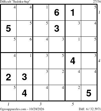 The grouppuzzles.com Difficult Sudoku-6up puzzle for Tuesday October 20, 2026 with all 6 steps marked