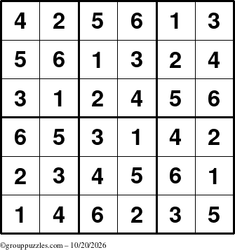 The grouppuzzles.com Answer grid for the Sudoku-6up puzzle for Tuesday October 20, 2026