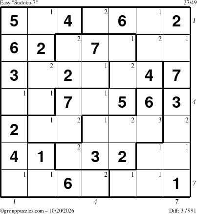 The grouppuzzles.com Easy Sudoku-7 puzzle for Tuesday October 20, 2026, suitable for printing, with all 3 steps marked