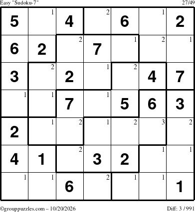 The grouppuzzles.com Easy Sudoku-7 puzzle for Tuesday October 20, 2026 with the first 3 steps marked