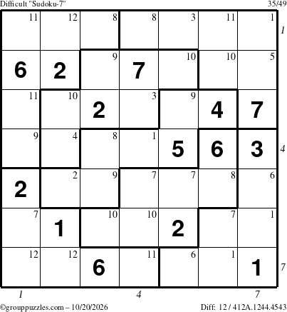 The grouppuzzles.com Difficult Sudoku-7 puzzle for Tuesday October 20, 2026 with all 12 steps marked