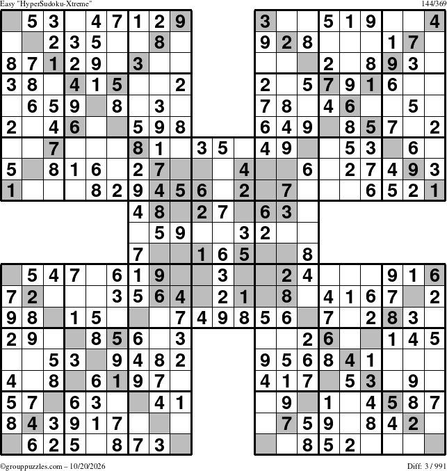 The grouppuzzles.com Easy HyperSudoku-Xtreme puzzle for Tuesday October 20, 2026