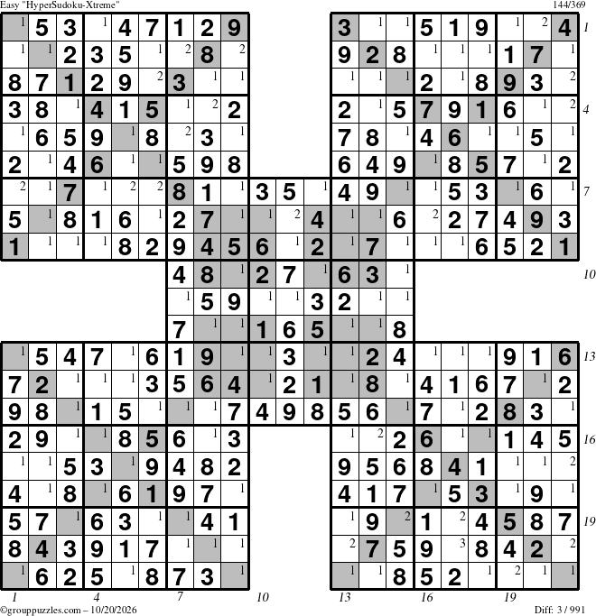 The grouppuzzles.com Easy HyperSudoku-Xtreme puzzle for Tuesday October 20, 2026 with all 3 steps marked