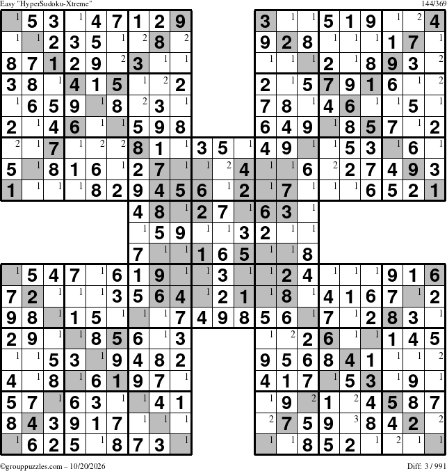 The grouppuzzles.com Easy HyperSudoku-Xtreme puzzle for Tuesday October 20, 2026 with the first 3 steps marked