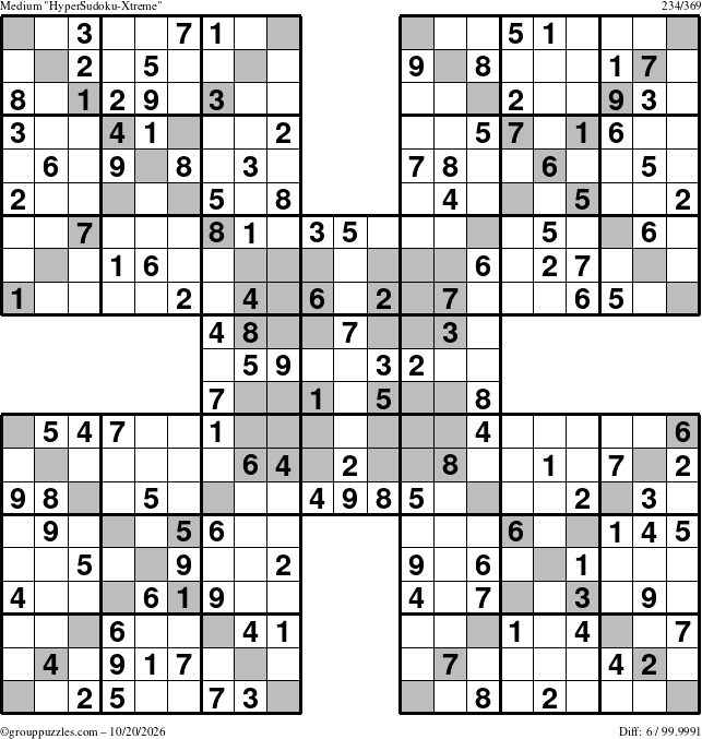 The grouppuzzles.com Medium HyperSudoku-Xtreme puzzle for Tuesday October 20, 2026