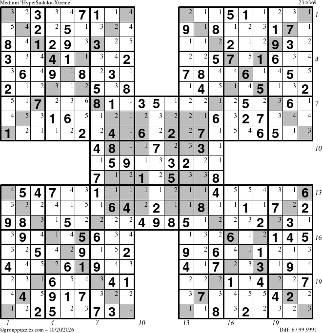 The grouppuzzles.com Medium HyperSudoku-Xtreme puzzle for Tuesday October 20, 2026, suitable for printing, with all 6 steps marked