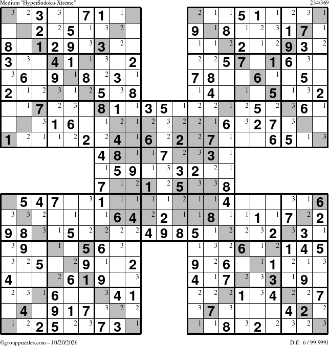 The grouppuzzles.com Medium HyperSudoku-Xtreme puzzle for Tuesday October 20, 2026 with the first 3 steps marked