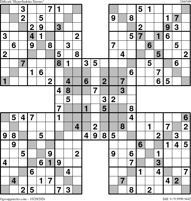 The grouppuzzles.com Difficult HyperSudoku-Xtreme puzzle for Tuesday October 20, 2026