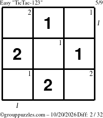 The grouppuzzles.com Easy TicTac-123 puzzle for Tuesday October 20, 2026 with all 2 steps marked