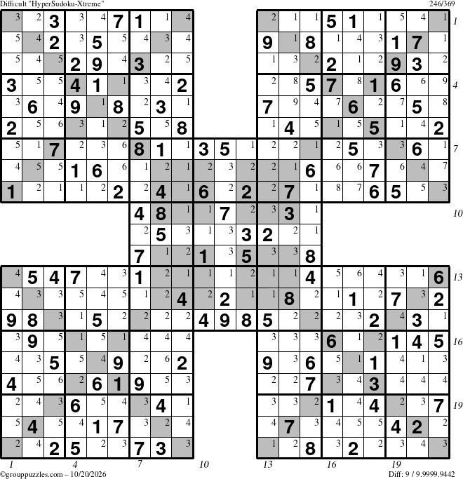 The grouppuzzles.com Difficult HyperSudoku-Xtreme puzzle for Tuesday October 20, 2026, suitable for printing, with all 9 steps marked