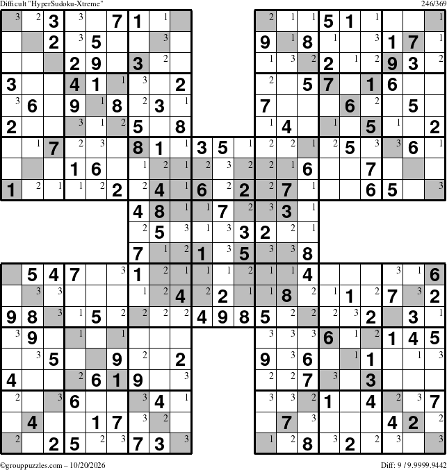 The grouppuzzles.com Difficult HyperSudoku-Xtreme puzzle for Tuesday October 20, 2026 with the first 3 steps marked