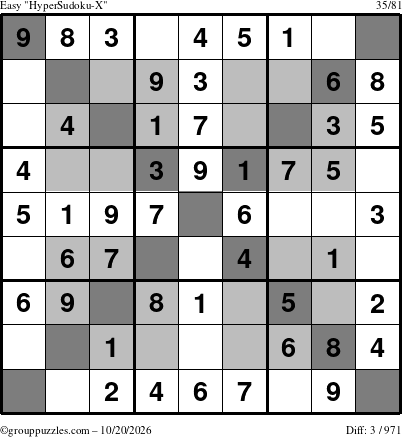 The grouppuzzles.com Easy HyperSudoku-X puzzle for Tuesday October 20, 2026