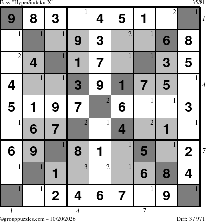 The grouppuzzles.com Easy HyperSudoku-X puzzle for Tuesday October 20, 2026 with all 3 steps marked
