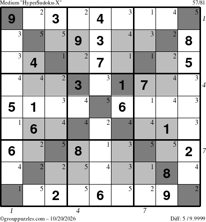 The grouppuzzles.com Medium HyperSudoku-X puzzle for Tuesday October 20, 2026 with all 5 steps marked