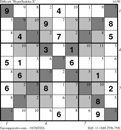 The grouppuzzles.com Difficult HyperSudoku-X puzzle for Tuesday October 20, 2026, suitable for printing, with all 11 steps marked