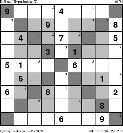 The grouppuzzles.com Difficult HyperSudoku-X puzzle for Tuesday October 20, 2026 with the first 3 steps marked