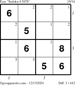 The grouppuzzles.com Easy Sudoku-4-5678 puzzle for Friday December 13, 2024, suitable for printing, with all 3 steps marked