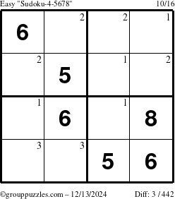 The grouppuzzles.com Easy Sudoku-4-5678 puzzle for Friday December 13, 2024 with the first 3 steps marked