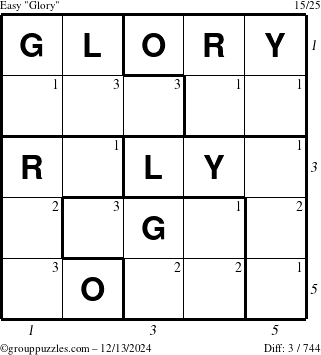 The grouppuzzles.com Easy Glory puzzle for Friday December 13, 2024 with all 3 steps marked