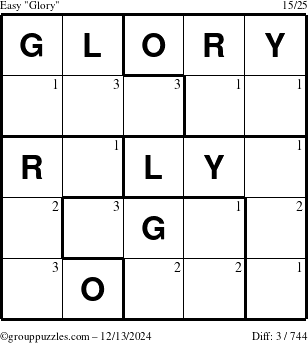 The grouppuzzles.com Easy Glory puzzle for Friday December 13, 2024 with the first 3 steps marked