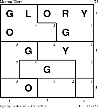 The grouppuzzles.com Medium Glory puzzle for Friday December 13, 2024 with all 4 steps marked