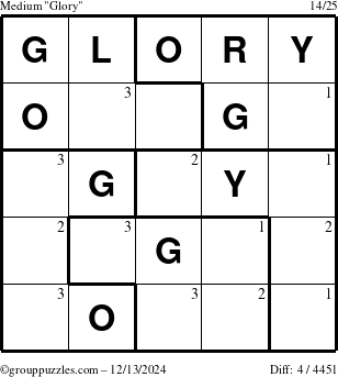 The grouppuzzles.com Medium Glory puzzle for Friday December 13, 2024 with the first 3 steps marked