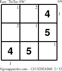 The grouppuzzles.com Easy TicTac-456 puzzle for Friday December 13, 2024, suitable for printing, with all 2 steps marked